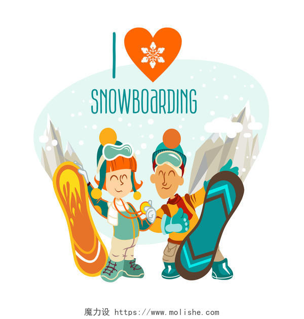 可爱的卡通女孩和男孩与滑雪板山背景上